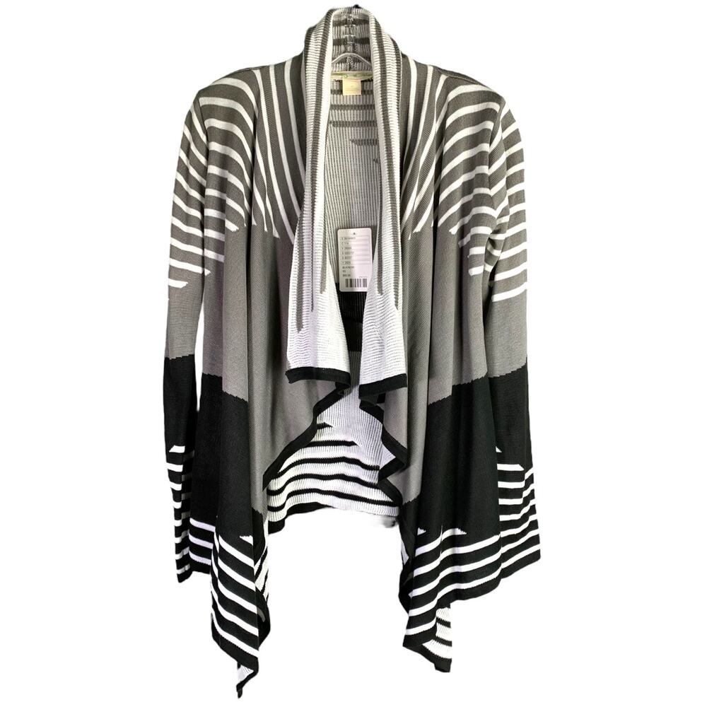 Staring At Stars Cardigan Sweater Womens XS Gray Black Striped Waterfall Front